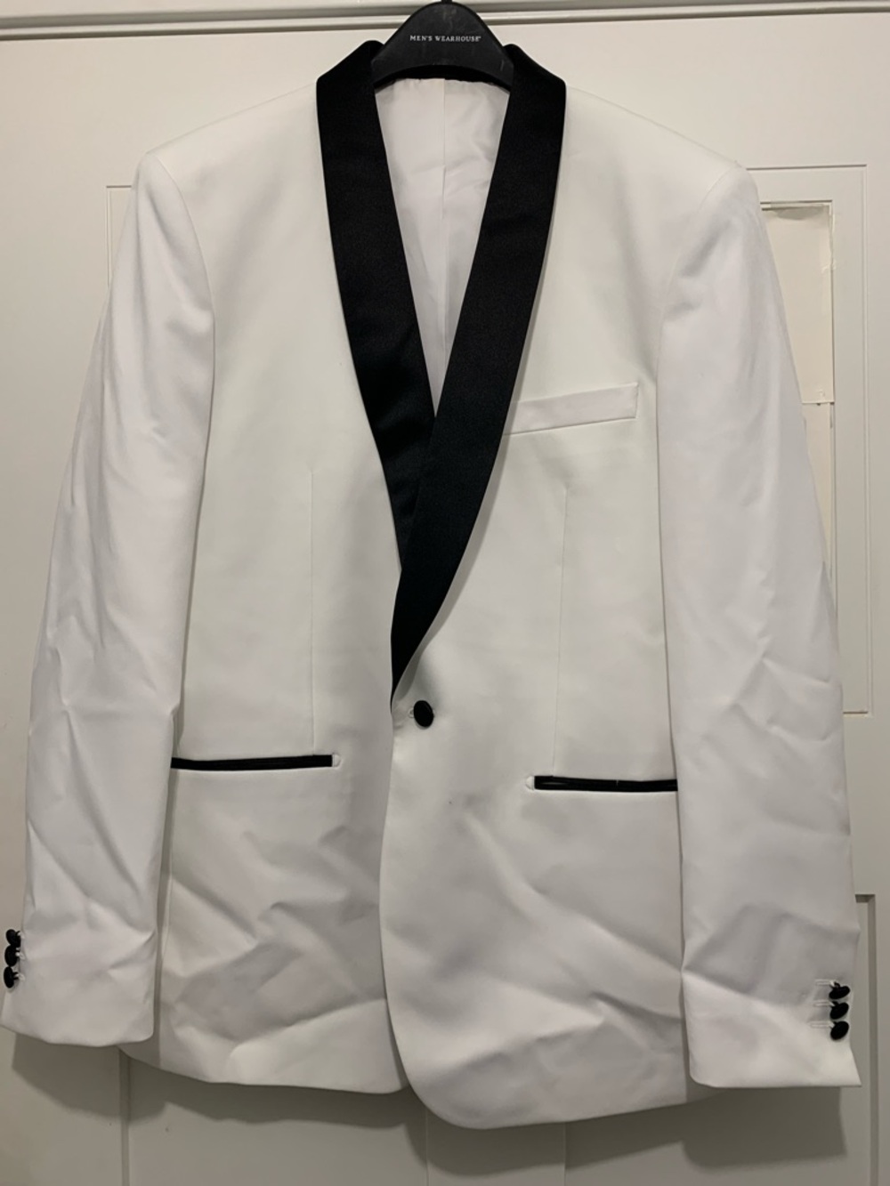 EGARSaMen's White Shawl Collar Tuxedo Blazer with Black Trim.       Slim fit